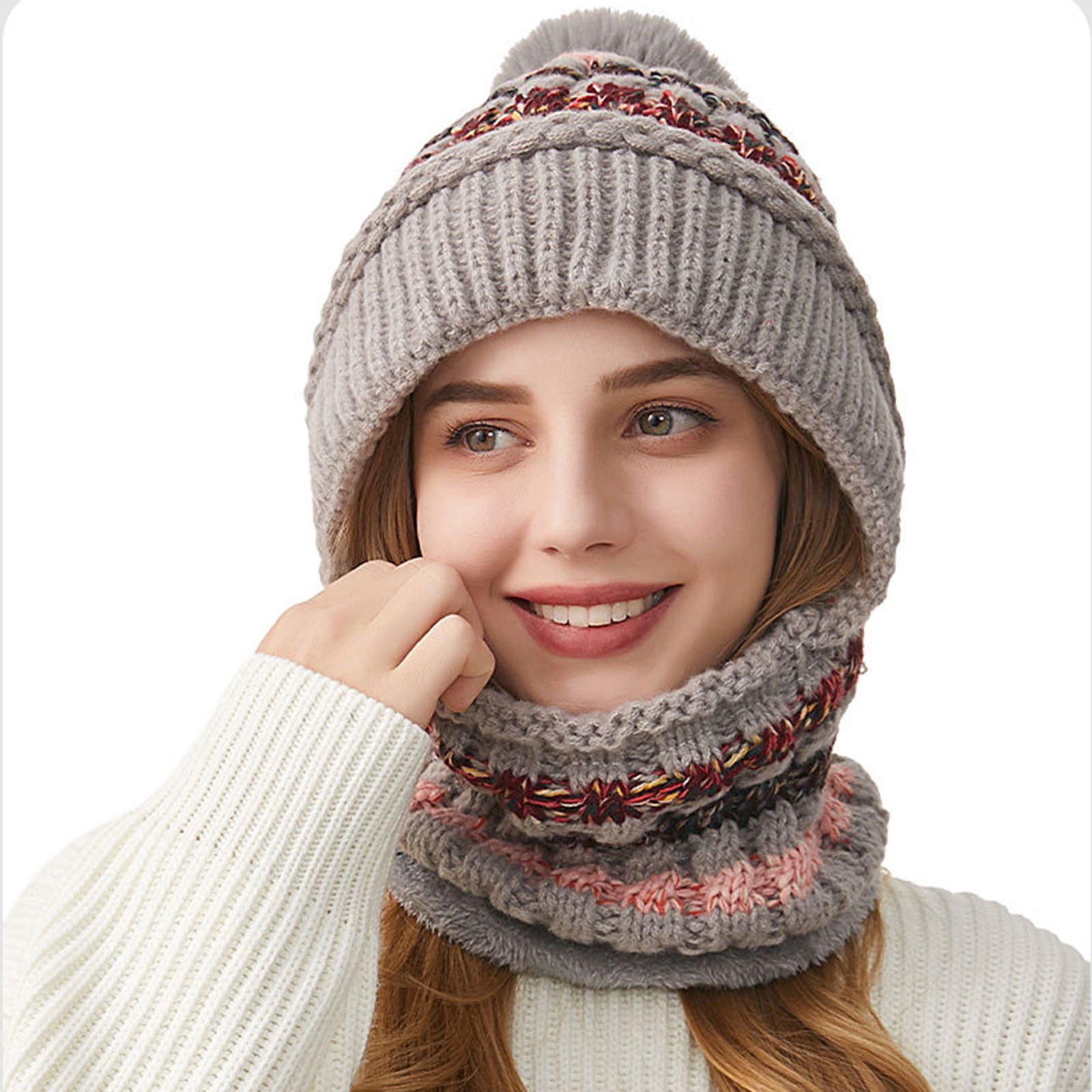 Cadancy Women Winter Hats 3 In 1 Beanie Hat with Scarf and Mask Chunky Knitted Color Block Snow Caps Pompom Cute Warm Stocking Cap Windproof Cozy Cold Weather Balaclava