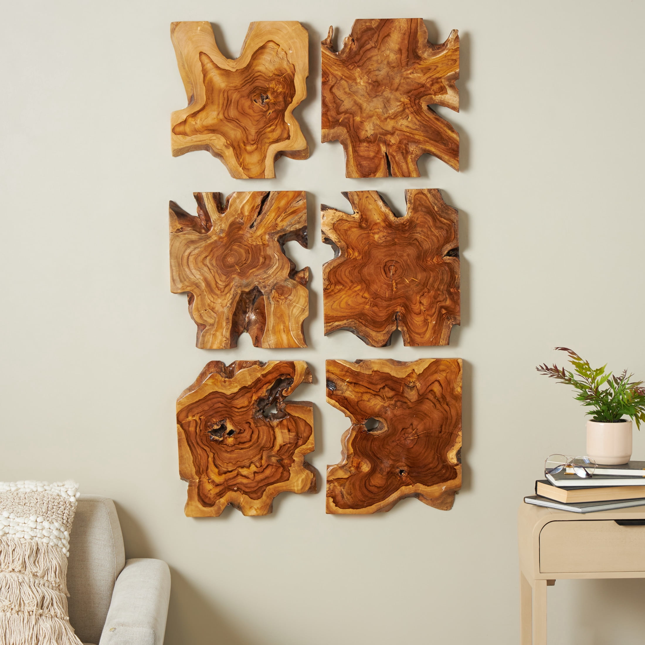 DecMode Brown Teak Wood Handmade Live Edge Wood Slab Abstract Wall Decor (6 Count)