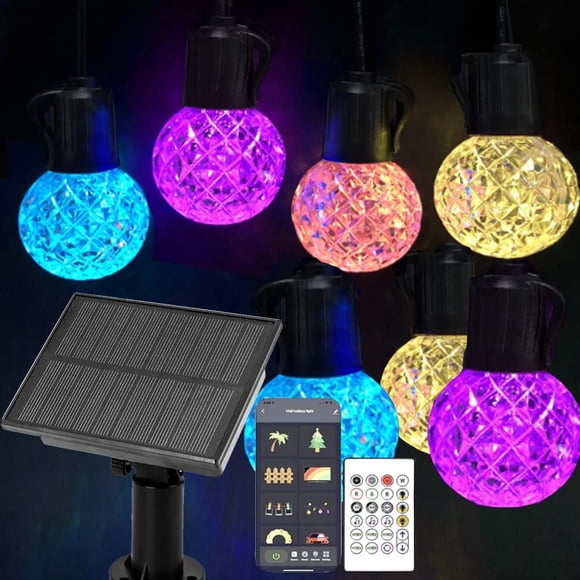 Guirnalda de luces LED solares inteligentes, 25 bombillas LED RGBW, luces de cadena que cambian de color, control de aplicación IP65, resistente al agua, 8 modos de escena, 4 modos de música, Bluetoot