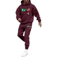 thumbnail image 2 of Men's Winter 2-Piece Casual Set, Printed Hooded Sweatshirt and Sweatpants, Sportswear Lounge Outfit For Street Style and Daily Use,Wine,XL, 2 of 3