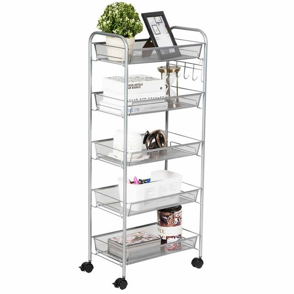 Topbuy 5Tier Mesh Rolling Utility Cart Storage Basket Home Kitchen w/Wheels Gray