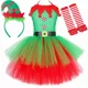 thumbnail image 3 of Disfraz de elfo navideño para niñas, conjunto de ropa navideña elegante para niños, vestido de tul con tutú de malla verde y rojo para fiesta de Navidad para niños, con gorro y calcetines, 3 of 5
