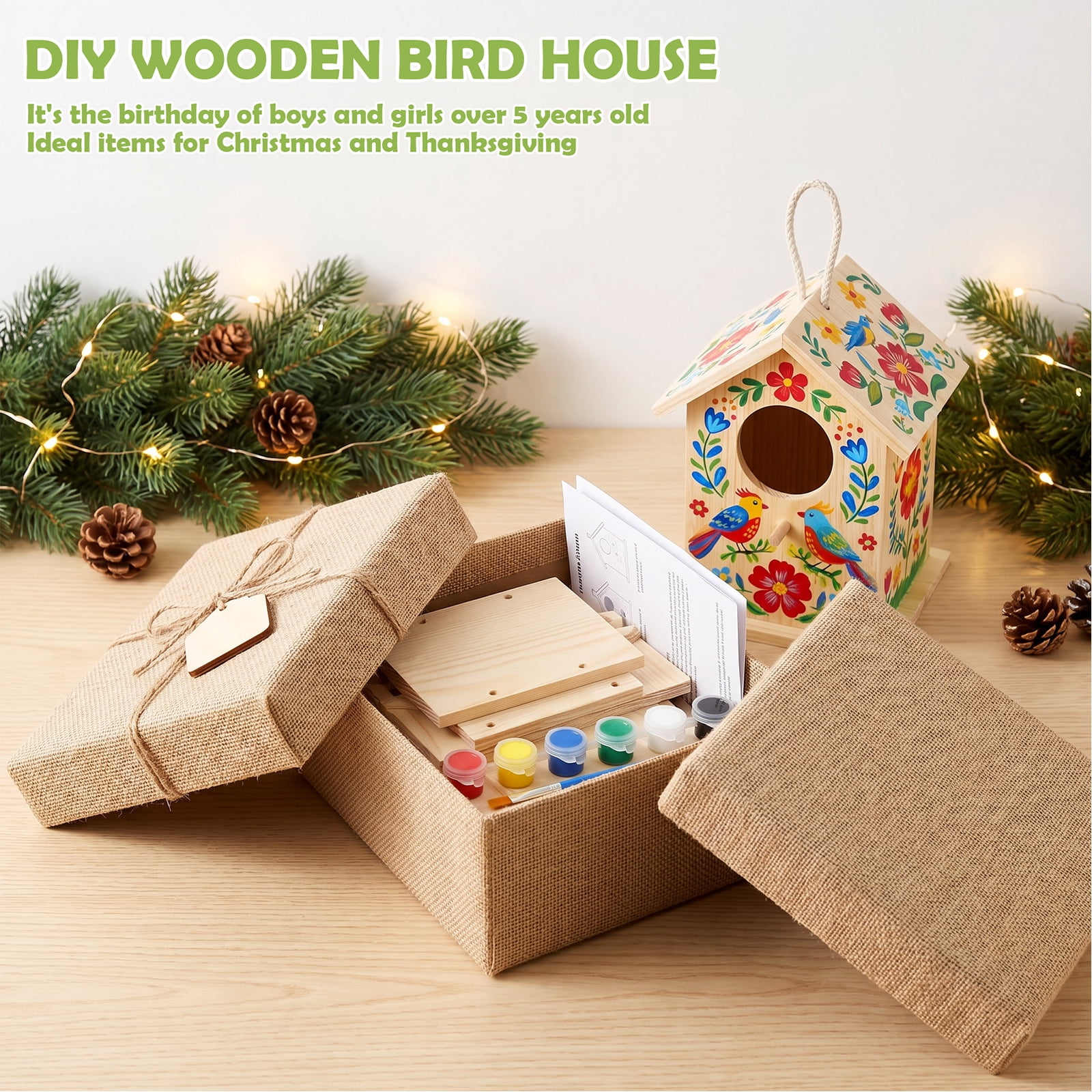 Threns Bird House Kit, 2 Pack DIY Wooden Birdhouse Kits, Arts and Crafts Painting Kit, Buildable DIY Birdhouse Kit for Kids, Summer Arts and Craft Projects with Paint and Brush