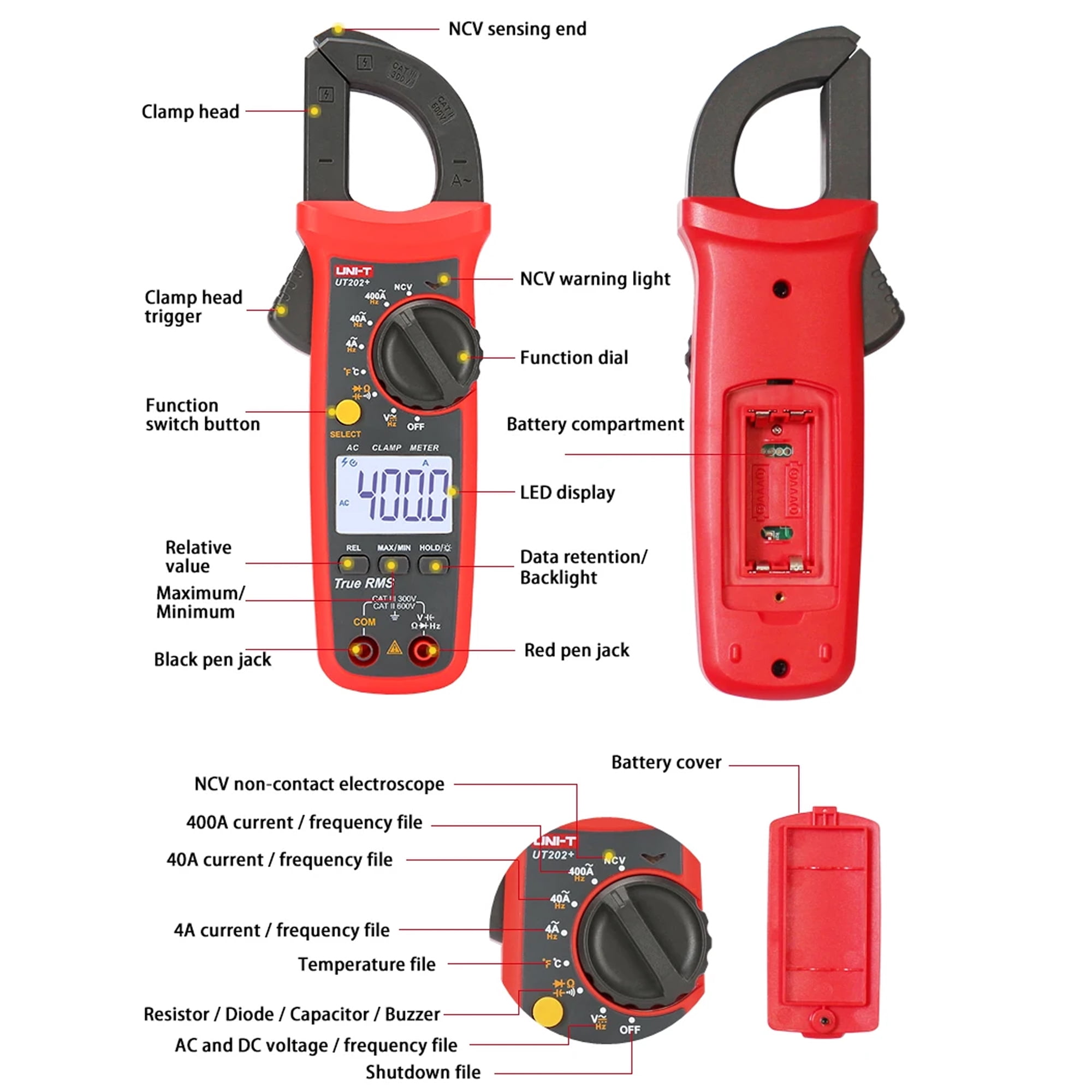 UNI-T 4000-Count Digital Clamp Multimeter UT202+ True RMS Clamp Meter 600V AC/DC Voltage,AC Current,NCV Capacitance Resistance Temperature Tester for Home Automotive DIY