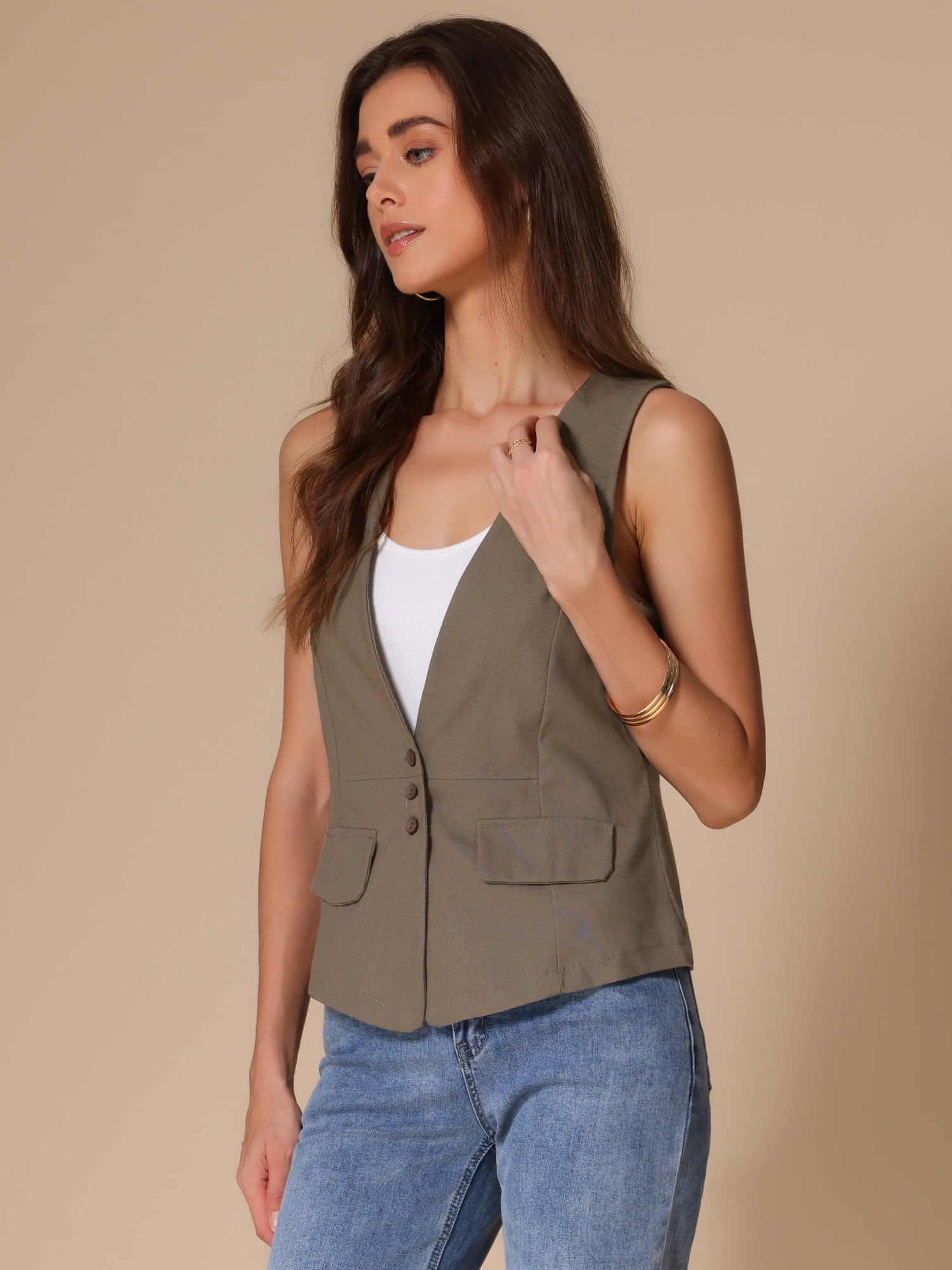 DARING DIVA Womens Linen Vest Loose Sleeveless Blazer Lightweight Jacket XS Khaki