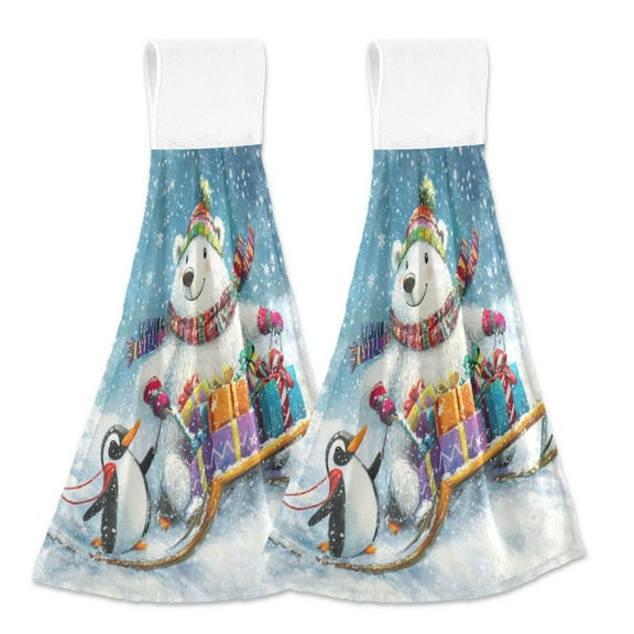 BZSMCE Hanging Hand Towels Fashion Sledding in Snow Pattern 2-Pack - Velcro Style Bathroom Kitchen Towels