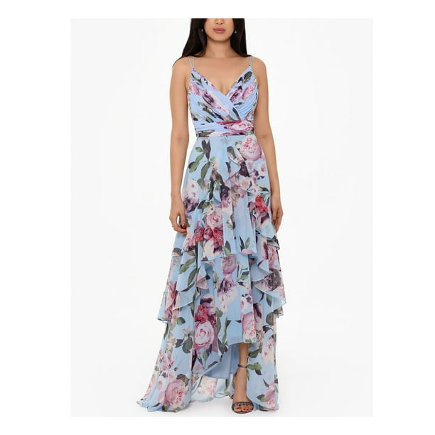 XSCAPE Womens Light Blue Zippered Ruffled Pleated Hilow Floral