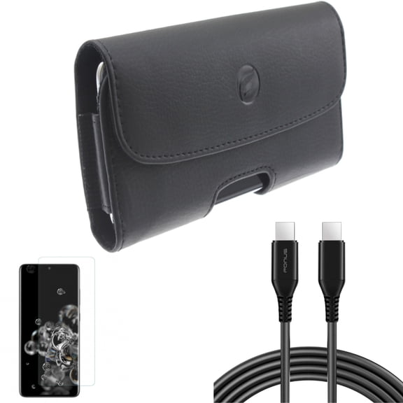 Screen Protector w Case Belt Clip w 10ft Long USB-C Cable for Samsung Galaxy S20 Ultra - Tempered Glass [Fingerprint Unlock] 3D Curved Edge, Leather Holster Cover, PD Fast fits Galaxy S20 Ultra