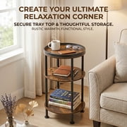 Side Table, Small Round End Table for Narrow and Small Space, 3-Tier Round Accent Couch Beside Table, Modern Side Table Corner Sofa Table Nightstand for Living Room Bedroom (Rustic Brown)