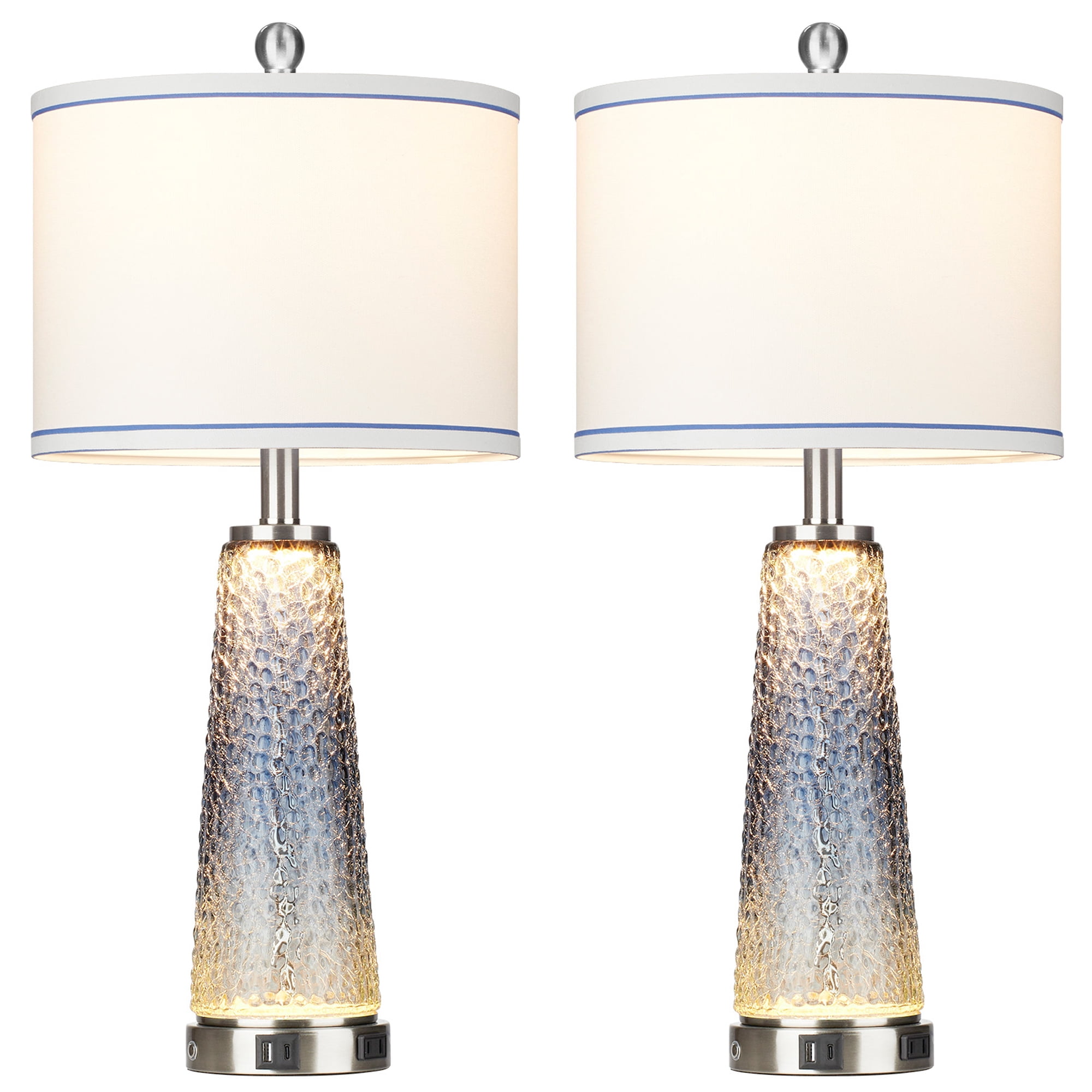 Cinkeda Glass Table Lamp Set of 2 with Nightlight USB A+C Ports AC Outlet Modern Gradient Blue Nightstand Bedside Lamps for Bedroom Living Room
