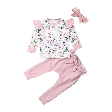 

Mioliknya 3 Pcs Baby Girl Pants Suits Flower Tops + Solid Color Pants + Headband Sets