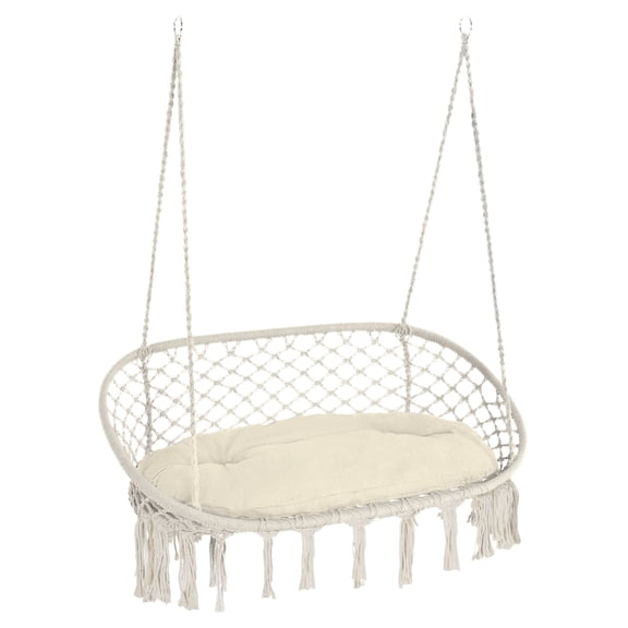 2-Person Hammock Chair Macrame Swing with Soft Cushion, Hanging Cotton Rope Chair for Indoor Outdoor Home Patio Backyard, White