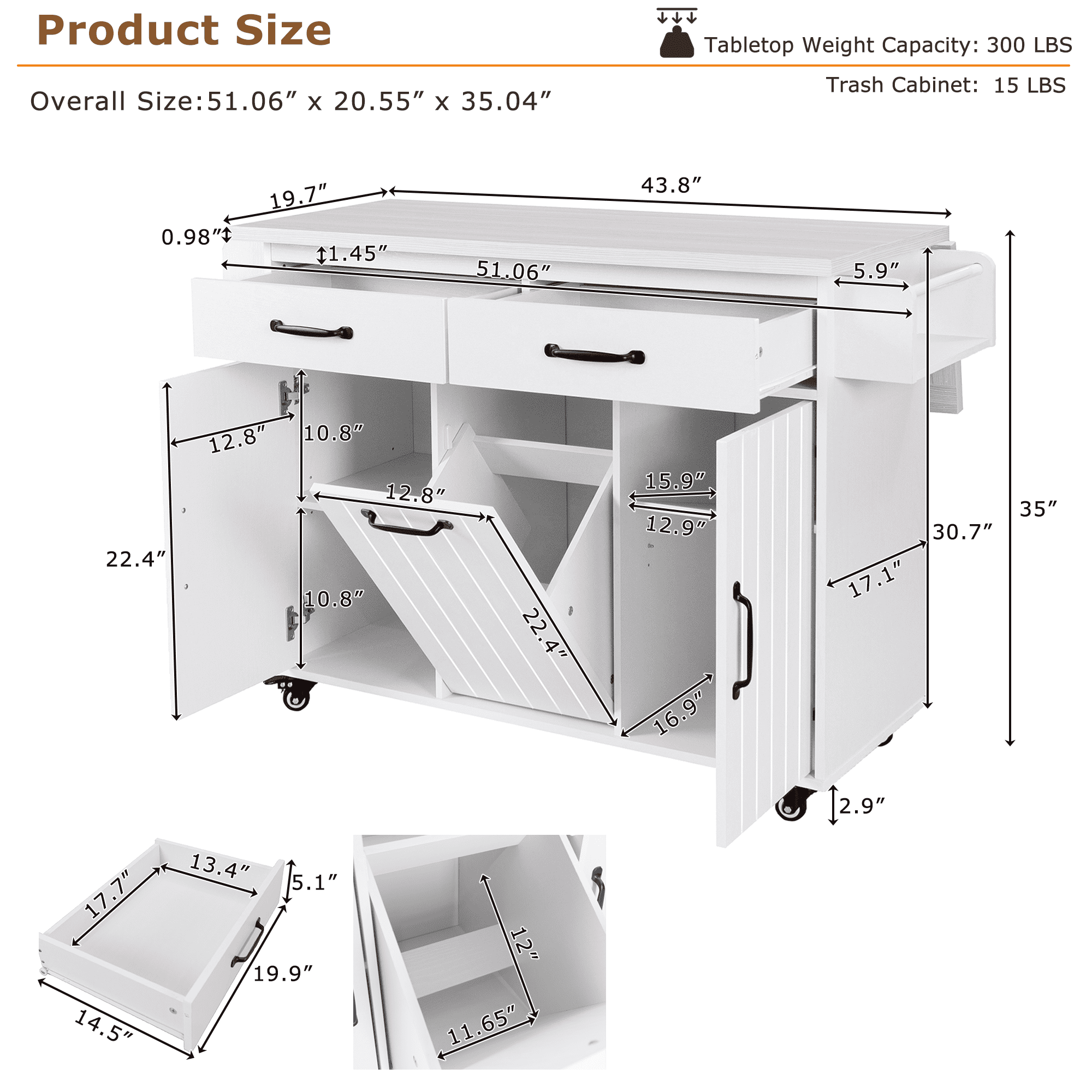 Homy Casa Kitchen Island Cart with Drop Leaf, Tilt-Out Trash Cabinet, Storage Shelves & Drawers, White