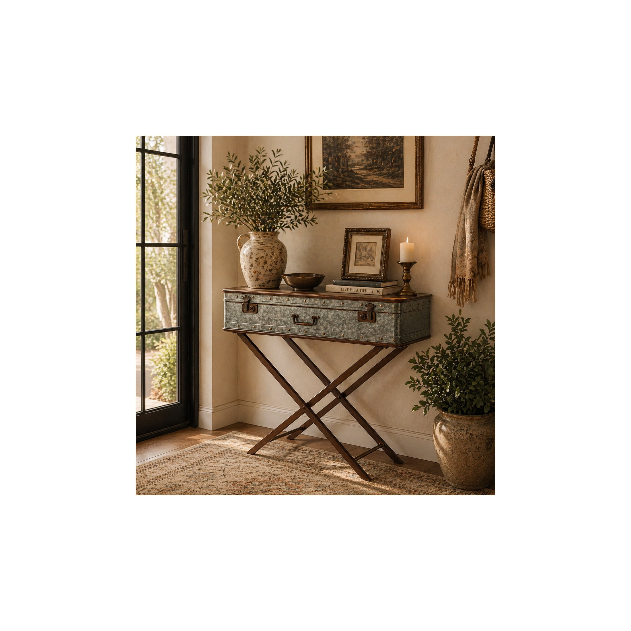 DecMode 32" x 32" Gray Metal Accent Table with Suitcase Style Top, 1-Piece