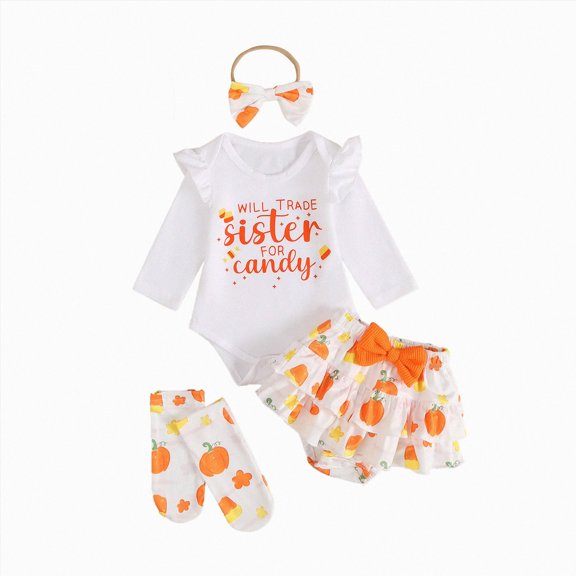 HCNTES Baby Girl Clothes Newborn Infant Baby Girl Halloween Clothes Set Pumpkin Romper Pumpkin Print Skirt 4Pcs Sets Halloween Baby Clothes