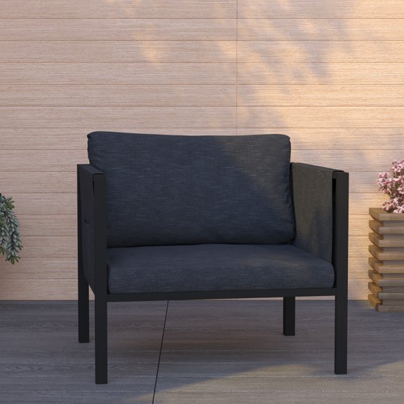Merrick Lane Outdoor Patio Chair With Charcoal Removable Fabric Cushions And Black Steel Frame