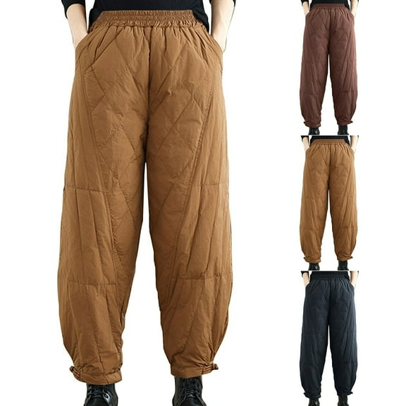 PXLKNZH High Waisted Pants for Women Elastic Waist Winter Warm Puffer Pants Casual Loose Fit Quilted Lantern Pants with Pockets Beige,L