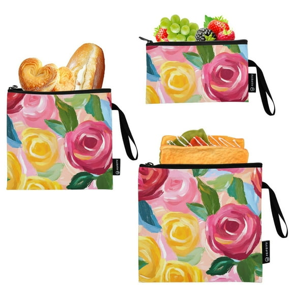Haosy 3 Pack Reusable Ziploc Bags BPA Free Healthy Food Storage Bag Leakproof Sandwich Snack Freezer Bags Red Yellow Pink Rose