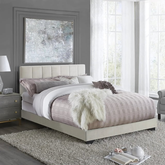 channel stitched upholstered queen bed, platinum grey, by hillsdale living essentials twin bed frame bedroom furniture Cama plataforma matrimonial con costuras en canal y cabecera tapizada rectangular en gris platino, base tapizada sobre patas bajas visibles; ambientada en recámara contemporánea con alfombra de pelo largo y buró, ideal para recámaras principales o de visitas.