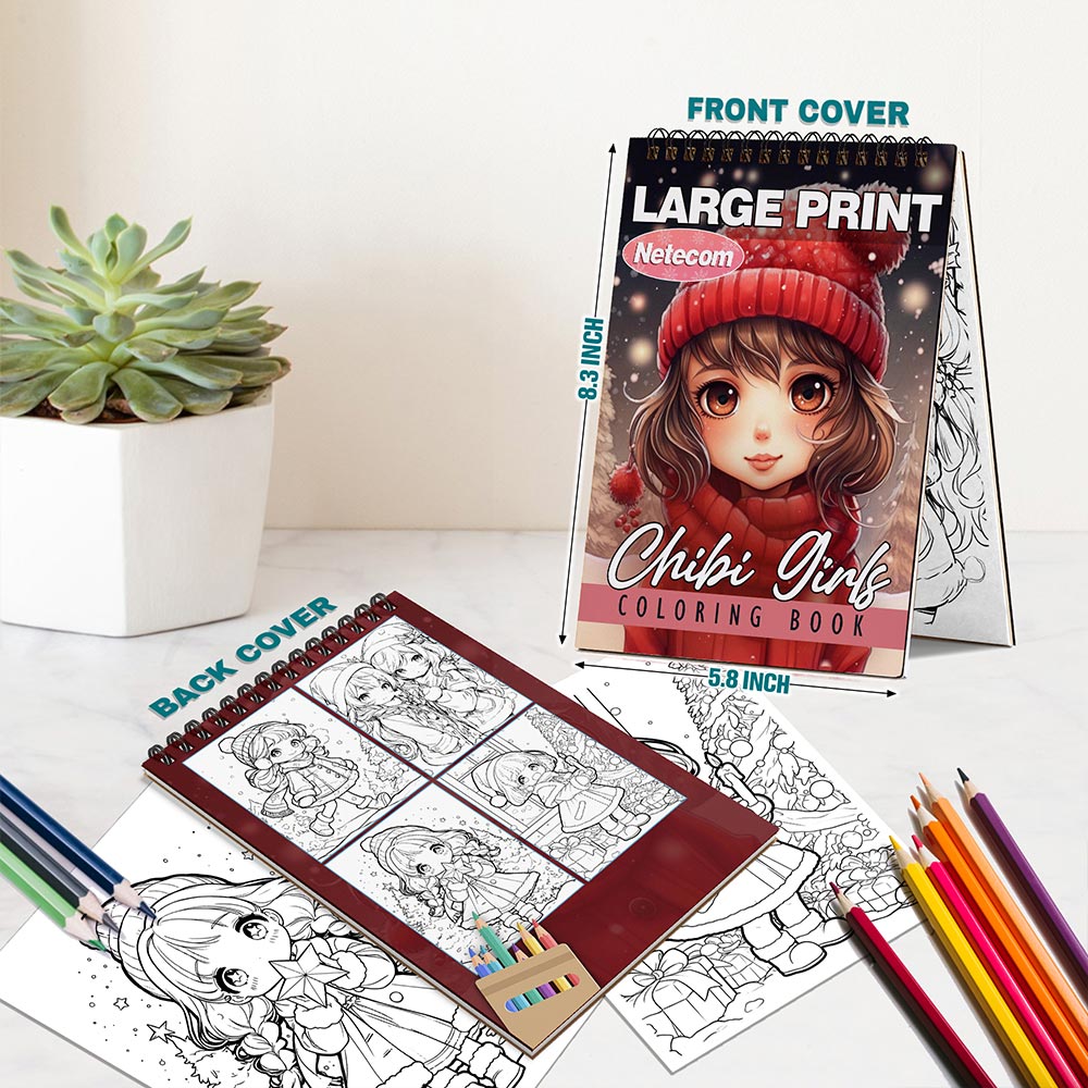 Netecom Chibi Girls Christmas Coloring Book Spiral Bound for Adults, A5 Wooden Cover, 30 Beautiful Coloring Pages of Chibi Girls in Holiday Season for Stress Relief and Relaxation