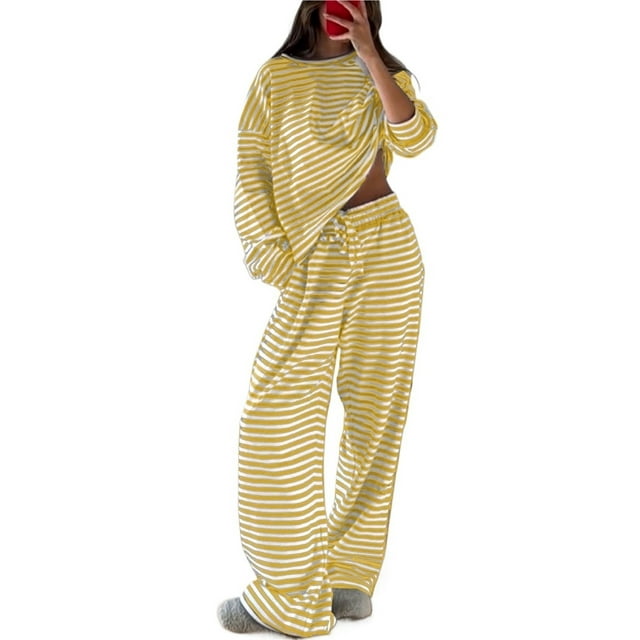 Pijamas de rayas for mujer, conjuntos de 2 piezas, camisetas de manga larga, pantalones anchos con cordón, conjuntos a juego, conjuntos de estar en casa