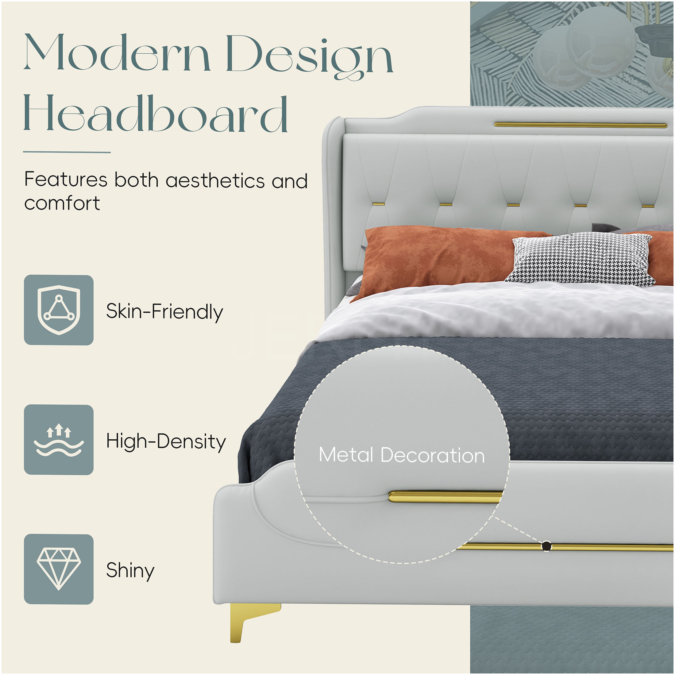 JERFIT King Size Upholstered Bed Frame with Wingback Headboard, Grey PU Leather Platform Bed with Gold Metal Accents, No Box Spring Needed