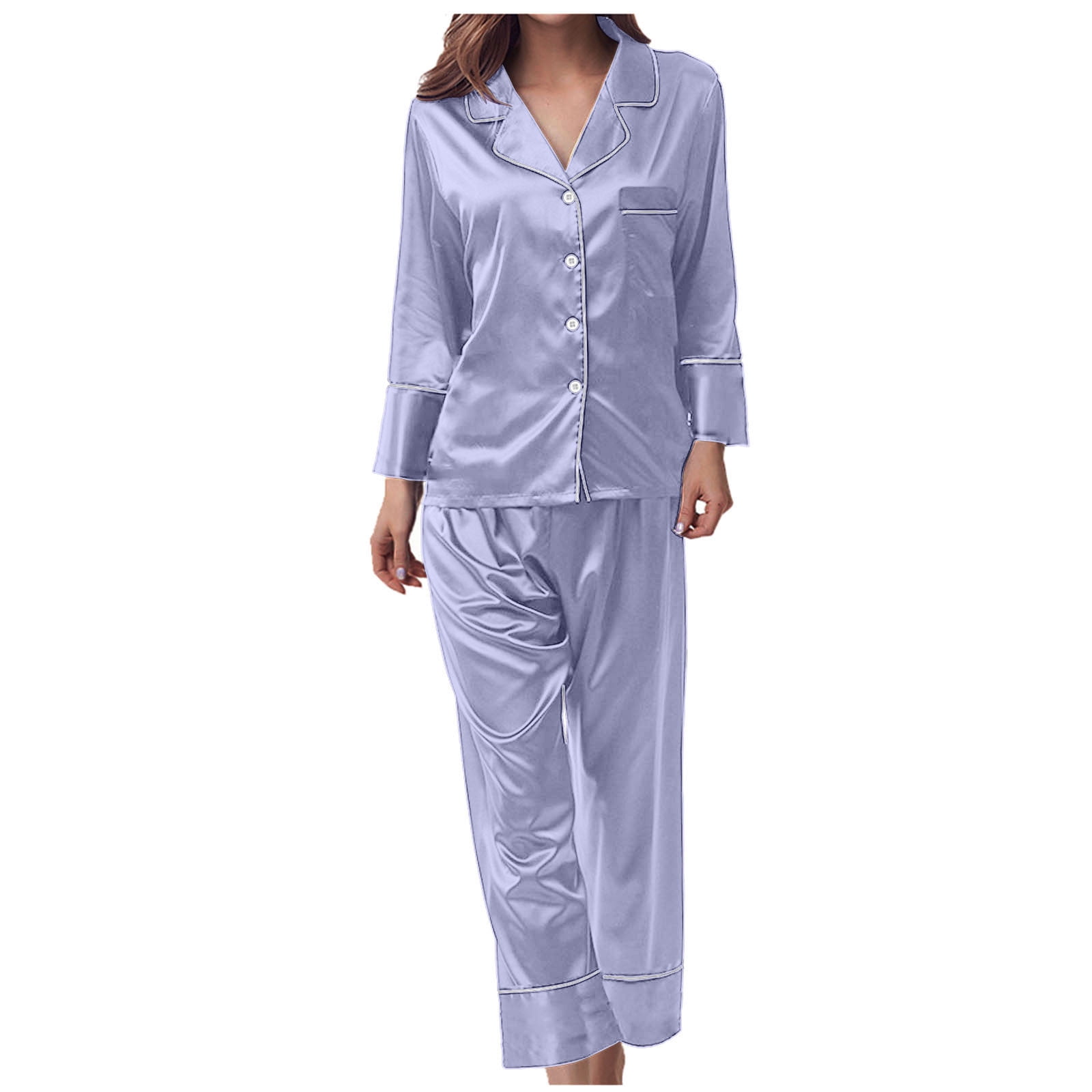 BONIXOOM Womens Pajamas Thanksgiving Pajamas Sleepwear None Long Sleeve Sleepwear Sets Solid Light Blue M