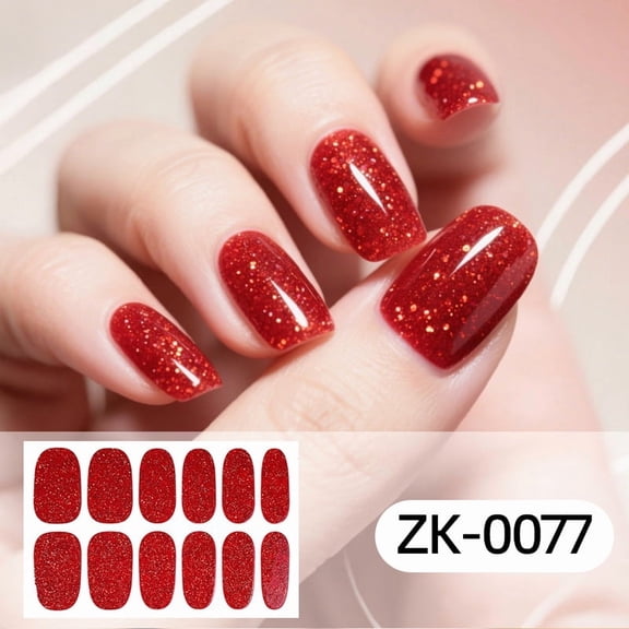 YTTAL Buy 2 Get 1 Free! Red Glitter Full Cover Nail Stickers, Short Square Self Adhesive Nail Polish Strips, Waterproof Long Lasting Nail Decals with Nail File for Women Holiday Party