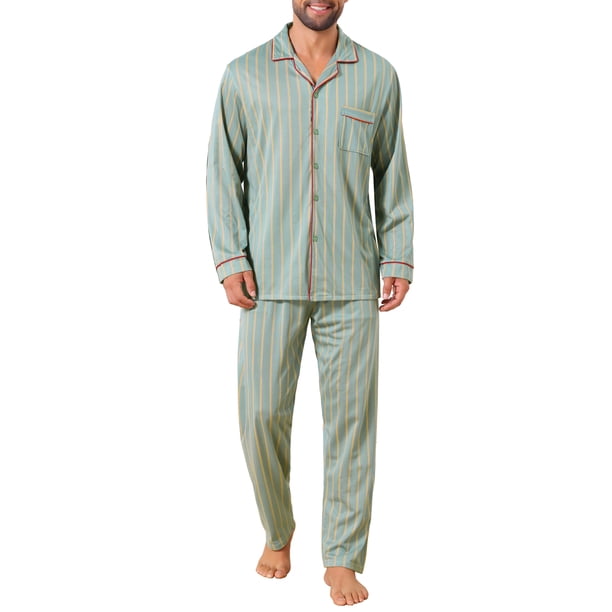 INSPIRAR CHIC Conjunto de Pijamas de 2 Piezas para Hombre con Botones y Manga Larga, Patrón de Bolsillo, Color Verde Claro M