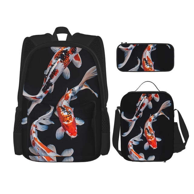 Balery Tricolor Koi Fish Trio Mochila escolar 3 en 1 para niños: mochila resistente con lonchera térmica y estuche para lápices. Mochila escolar para niños y niñas.