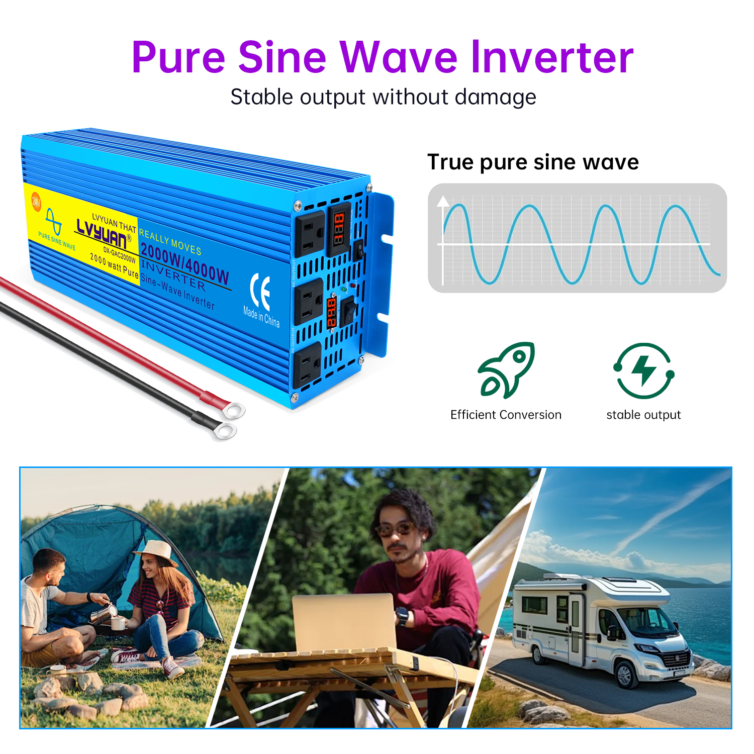 LVYUAN 2000W 4000W Peak Power Inverter DC 24V to AC 110V Pure Sine Wave Car Battery Inverter 3 AC Outlets Charger Adapter LCD Display for Car, RV, Truck, Camping, Home Backup, Emergency Power
