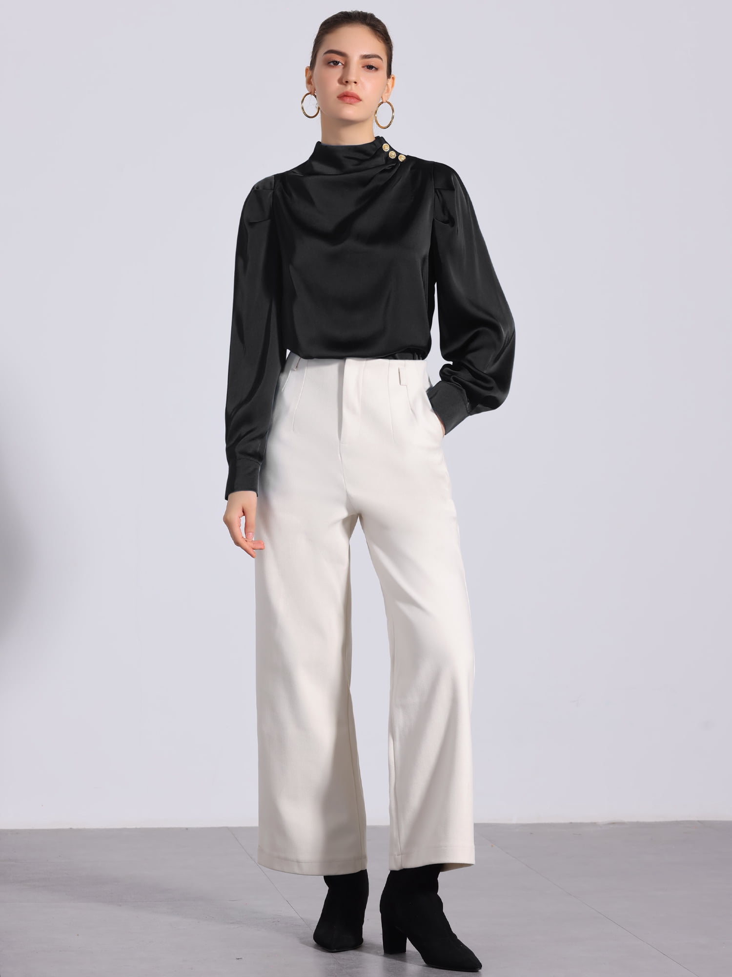 DARING DIVA Women's Satin Puff Long Sleeve Pleated Mock Neck Blouse L Black