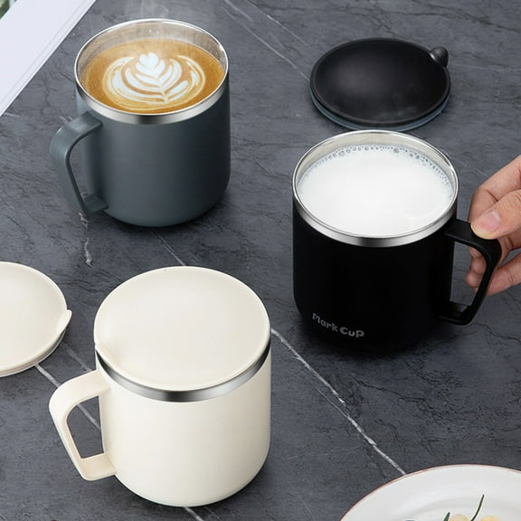 Stainless Steel Coffee Mug 400ML | Double Vacuum Insulated Travel Mug with Lid & Handle | Reusable Breakfast Tumbler | Beige Gray | Ergonomic Grip | 1 Pack | 8.6x8.6x10cm