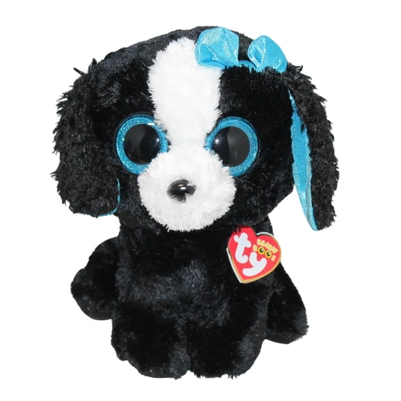 Ty Beanie Boos - Tracey the Black & White Dog (Blue Bow) – Medium (8") – Glitter Eyes - Stuffed Animal