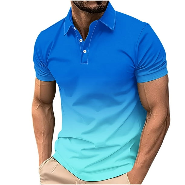 Camisa Casual de Impresión de Gradiente de los Hombres, Top de Solapa de Manga Corta en Tela de Malla Ligera para el Aire Libre Y el Ocio, Blusa de Suéter Elegante