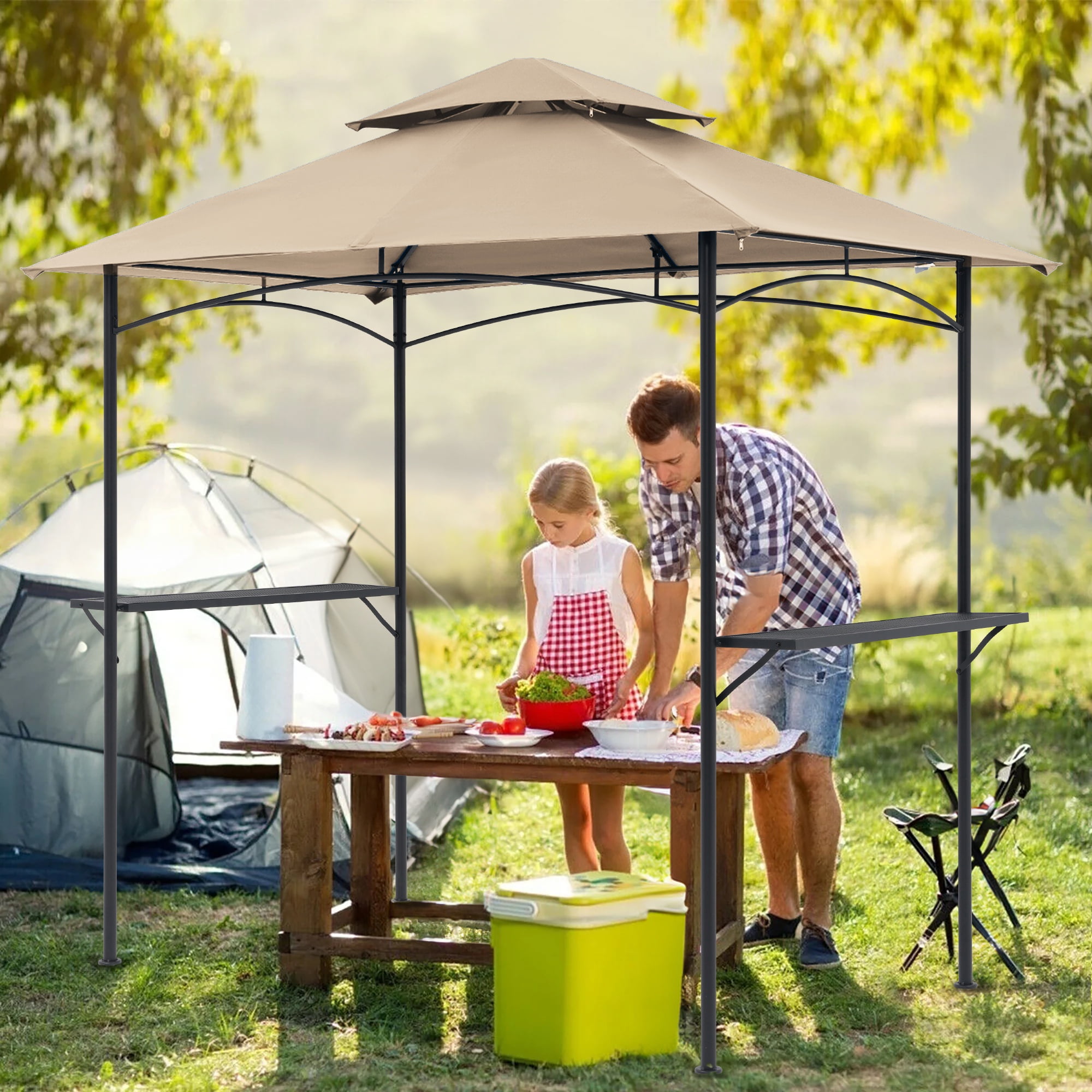 JOIVI Grill Gazebo 8 x 5 Double Tiered Outdoor BBQ Grill Patio Canopy, Backyard Barbeque Tent with Extra Shelves, Beige
