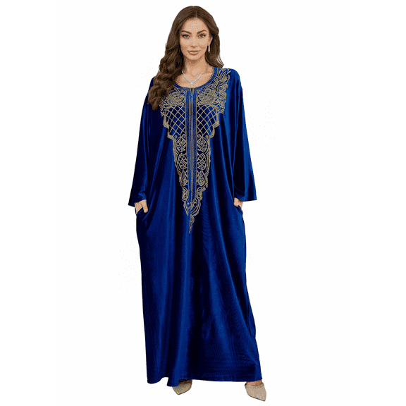 Womens Elegant Velvet Kaftan Dress with Gold Embroidery Long Sleeve Loose Fit Maxi Gown Modest Abaya for Evening Parties Casual Wear