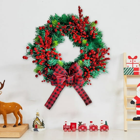 Jienlioq Christmas Clearance Christmas Berry Rattan Wreath - Red Simulated Leaves Door Hanging Decoration with Velvet Bow for Farmhouse Porch (24 Inch)