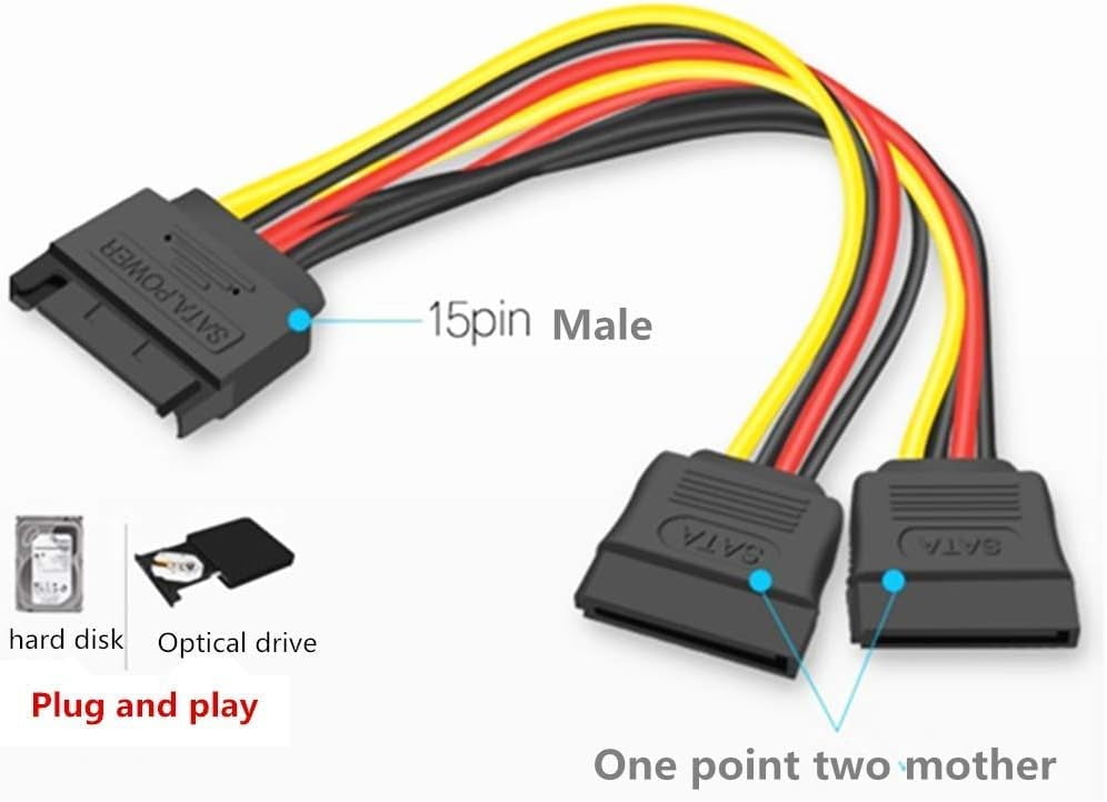 HRTGFD-2 Pack 15 Pin SATA Power Y-Splitter Cable, 20CM, Male to Female, High Speed, Compatible with Hard Drive, DVD, PCIe Express Card