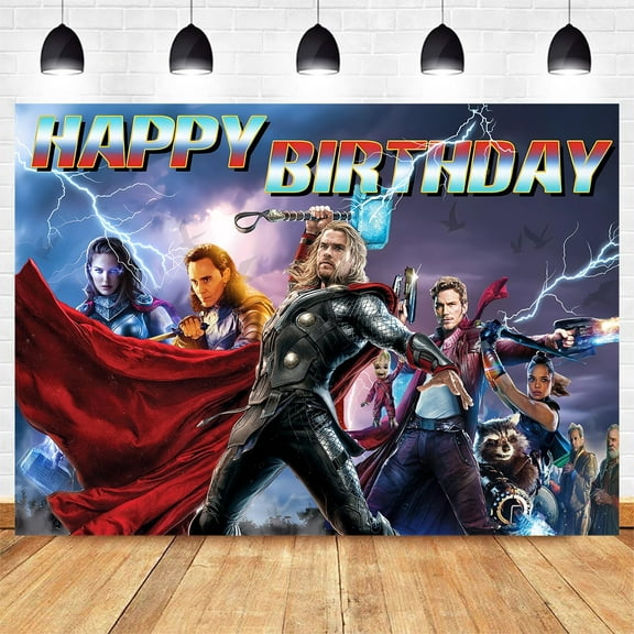 Cartoon Thor Birthday Backdrop Banner Party Supplies Happy Birthday Party Decorations 35''×30''