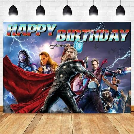 Cartoon Thor Birthday Backdrop Banner Party Supplies Happy Birthday Party Decorations 35''×30''