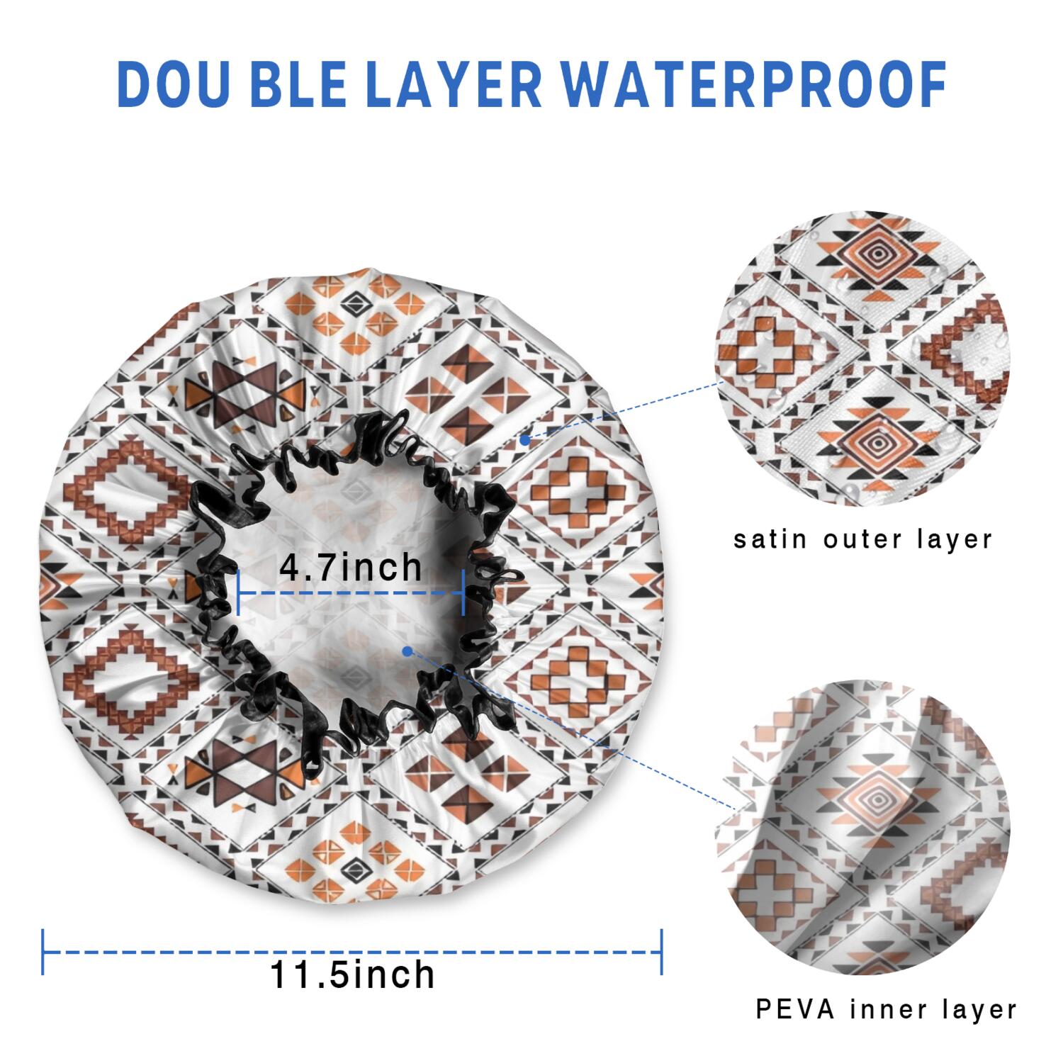 Shower Caps,Brown Geometric Diamond Pattern Waterproof Shower Cap for Women 4 Pieces,Double Reusable Hair Cover for Shower PEVA Elastic Stretch Hem