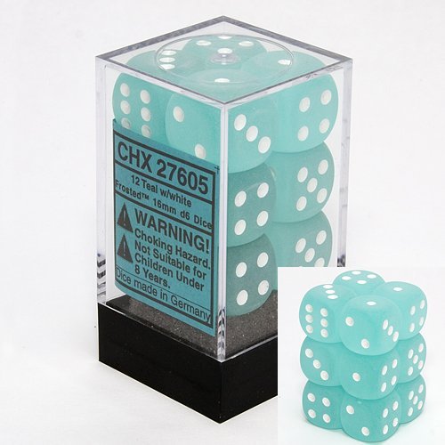 Juegos de dados Chessex d6: bloque de dados verde azulado esmerilado con troquel de seis caras blanco de 16 mm (12) Chessex 717520456926