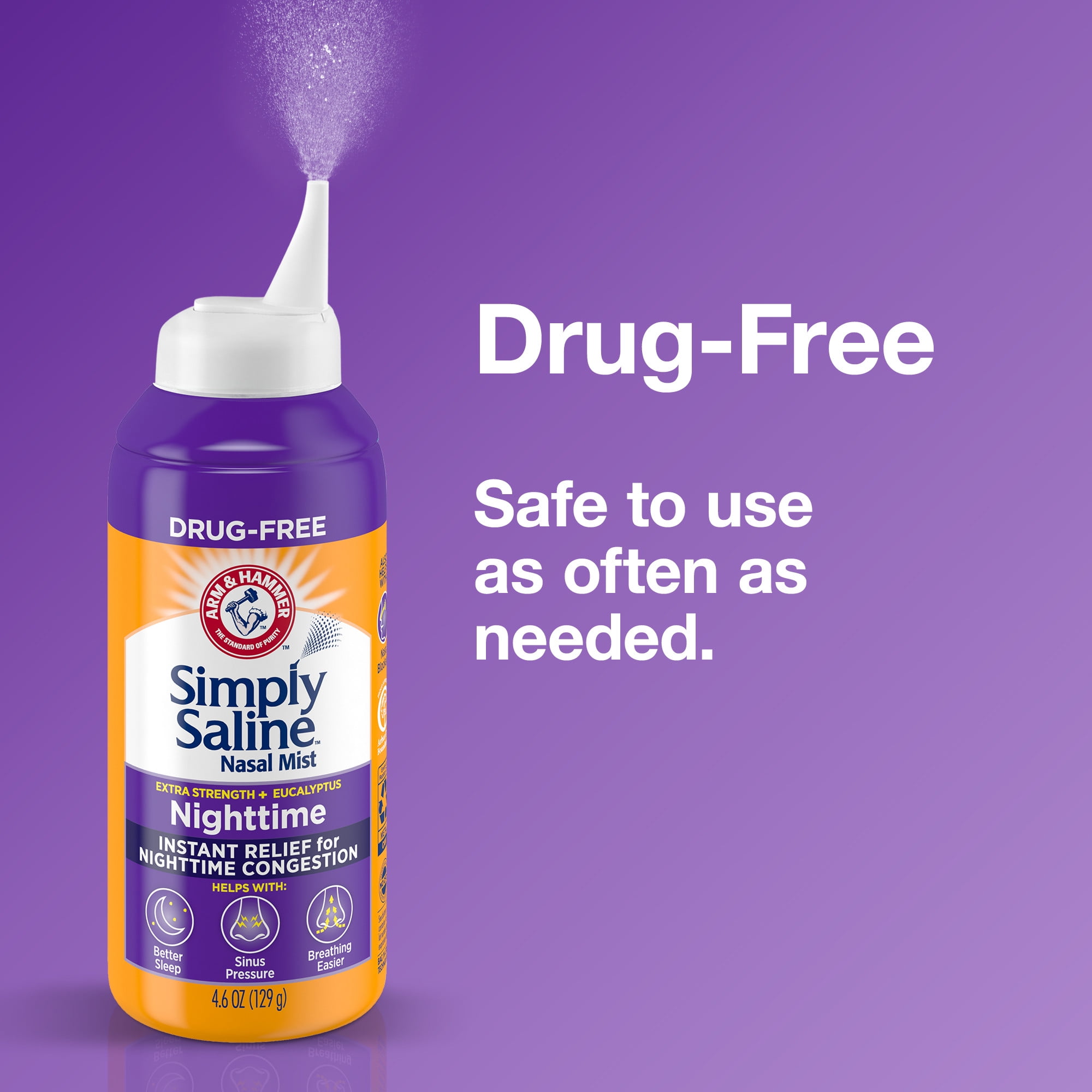 (4 pack) ARM & HAMMER Simply Saline Nighttime Drug-Free Mist for Nasal Congestion at Night, Extra Strength, Calming Eucalyptus, Safe to Use with Rx and OTC, For Adults and Kids Ages 2+, 4.6 oz (129 g)