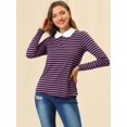 thumbnail image 2 of Allegra K Women's Contrast Collar Long Sleeves Peter Pan Collar Striped Blouse Top Medium Purple Black, 2 of 6