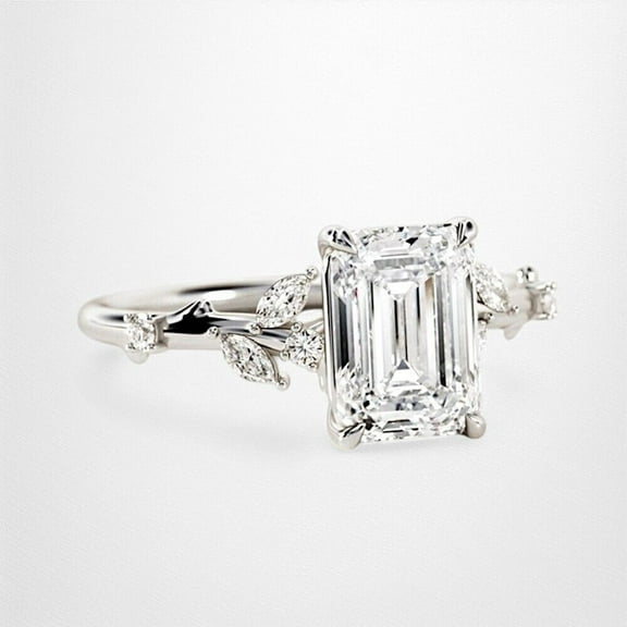 Emerald Diamond Engagement Ring, Leafy Shank Diamond Ring, Cluster Diamond Wedding Ring, 925 Sterling Silver, 2.3 Ct Simulated Diamond, Anniversary Gift Ring For Wife