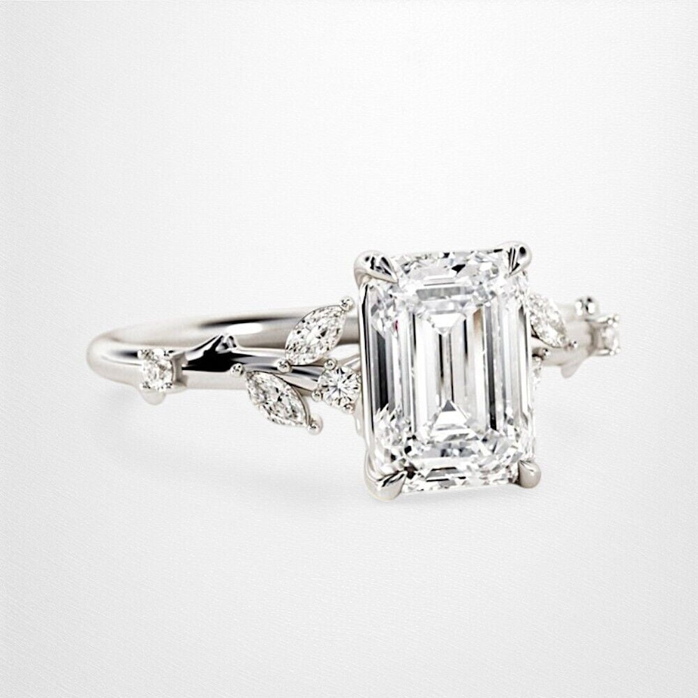 Emerald Diamond Ring, Leafy Shank Diamond Wedding Ring, Multi Diamond Ring, 2.1 Ct Simulated Diamond, 14K White Gold Plated