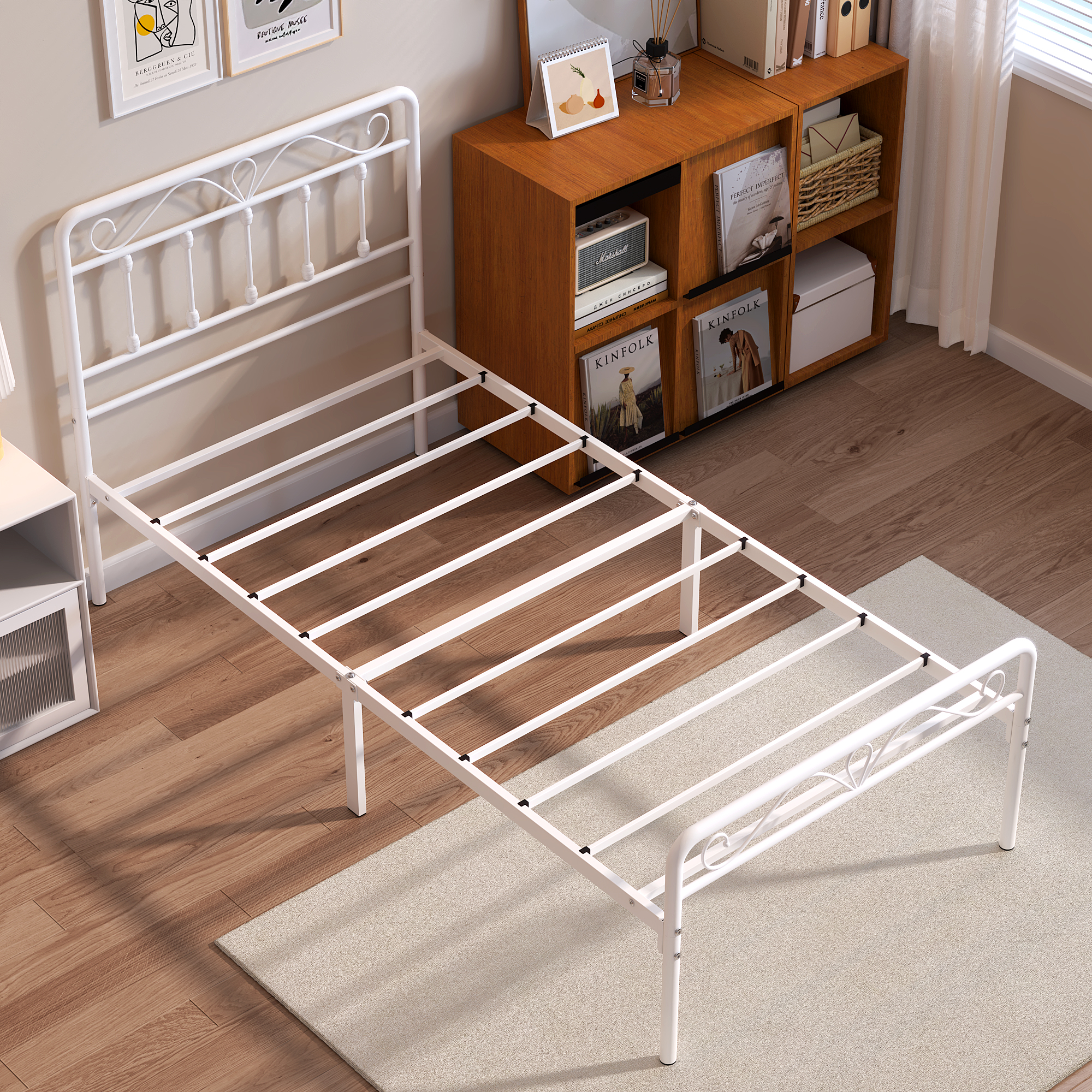 Yoneston Alden Designed Twin Metal Bed Frame with Vintage High Headboard for Kids Girls Boys Bedroom, White