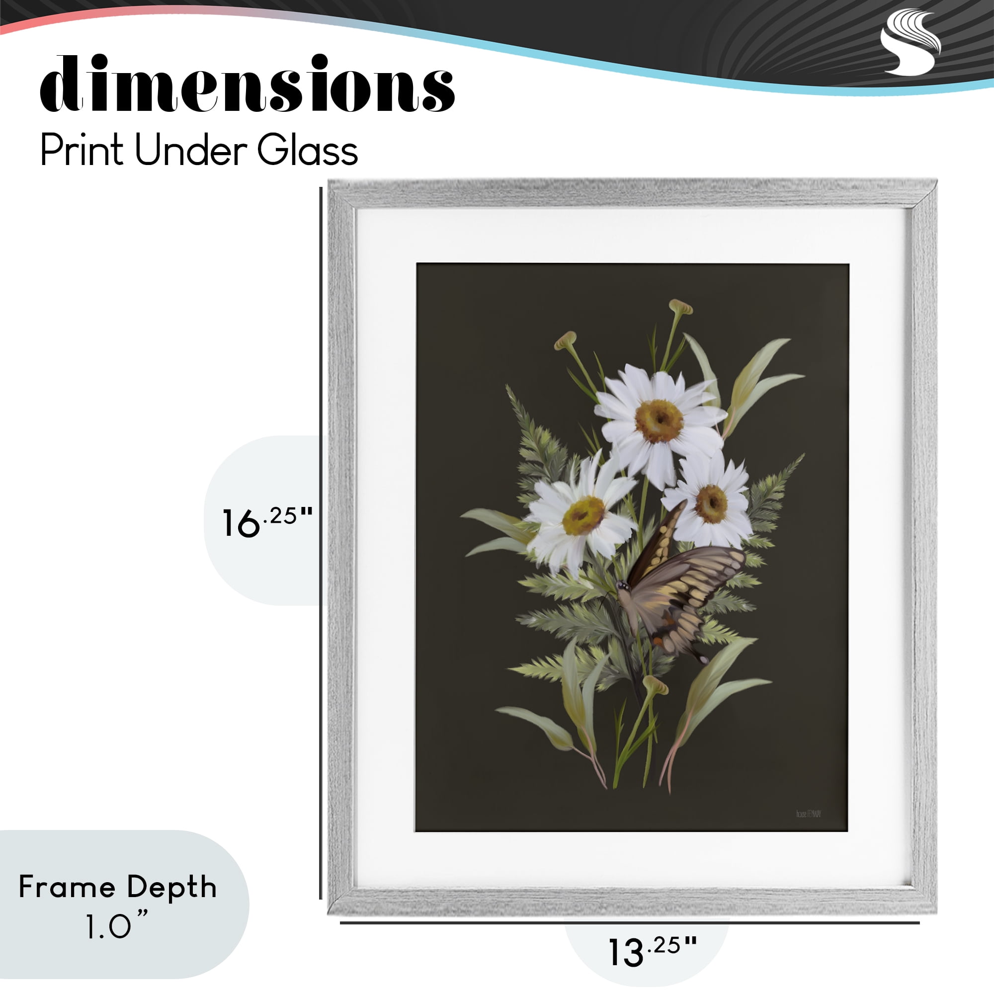 Stupell Industries Daisy Bouquet with Swallowtail Gray Framed Print Under Glass, design by House Fenway