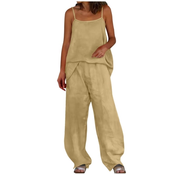 hoksml Women's Sleeveless Cami Top 2 Piece Sets, Summer Casual Outfits, Elastic Waist Wide Leg Pants